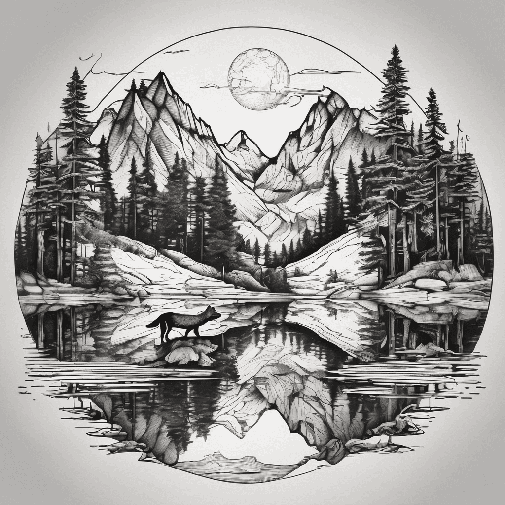 mountain landscape tall pine trees crows bats little wolf and big bad wolf water reflection