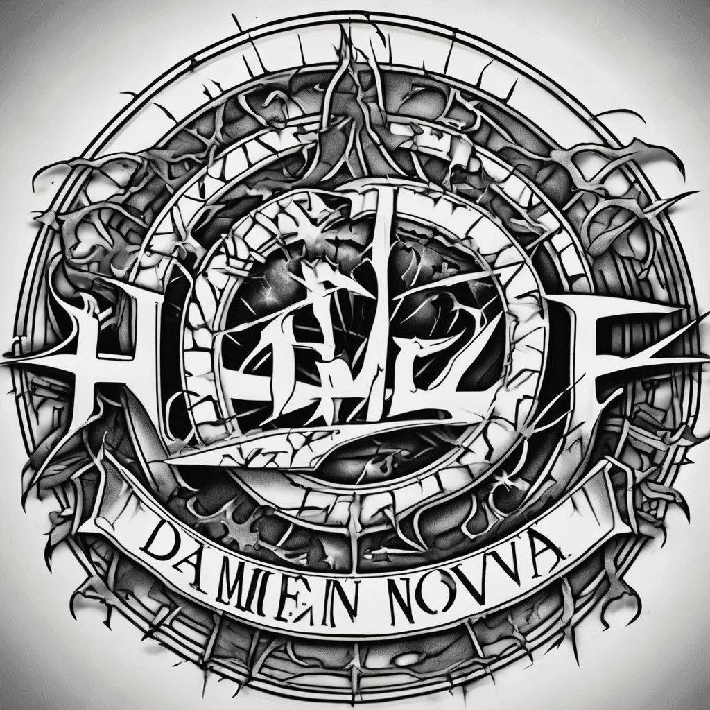 An edgy tattoo design featuring the name "Damien Nova" in spiked letters. With cracked music notes around it and a crescent moon.