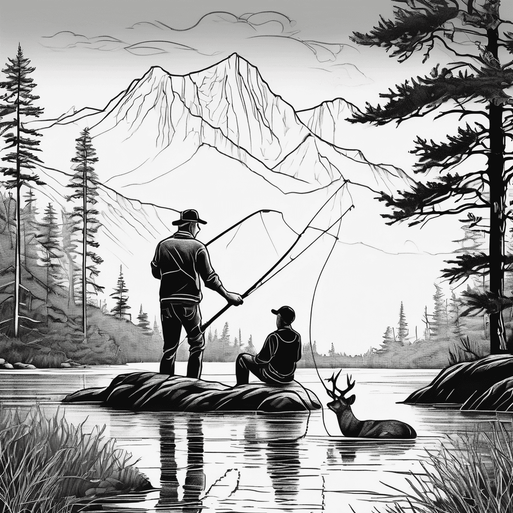 father and son fishing on a river bank with a whitetail deer on the opposite side set in the Adirondack Mountains of upstate New York