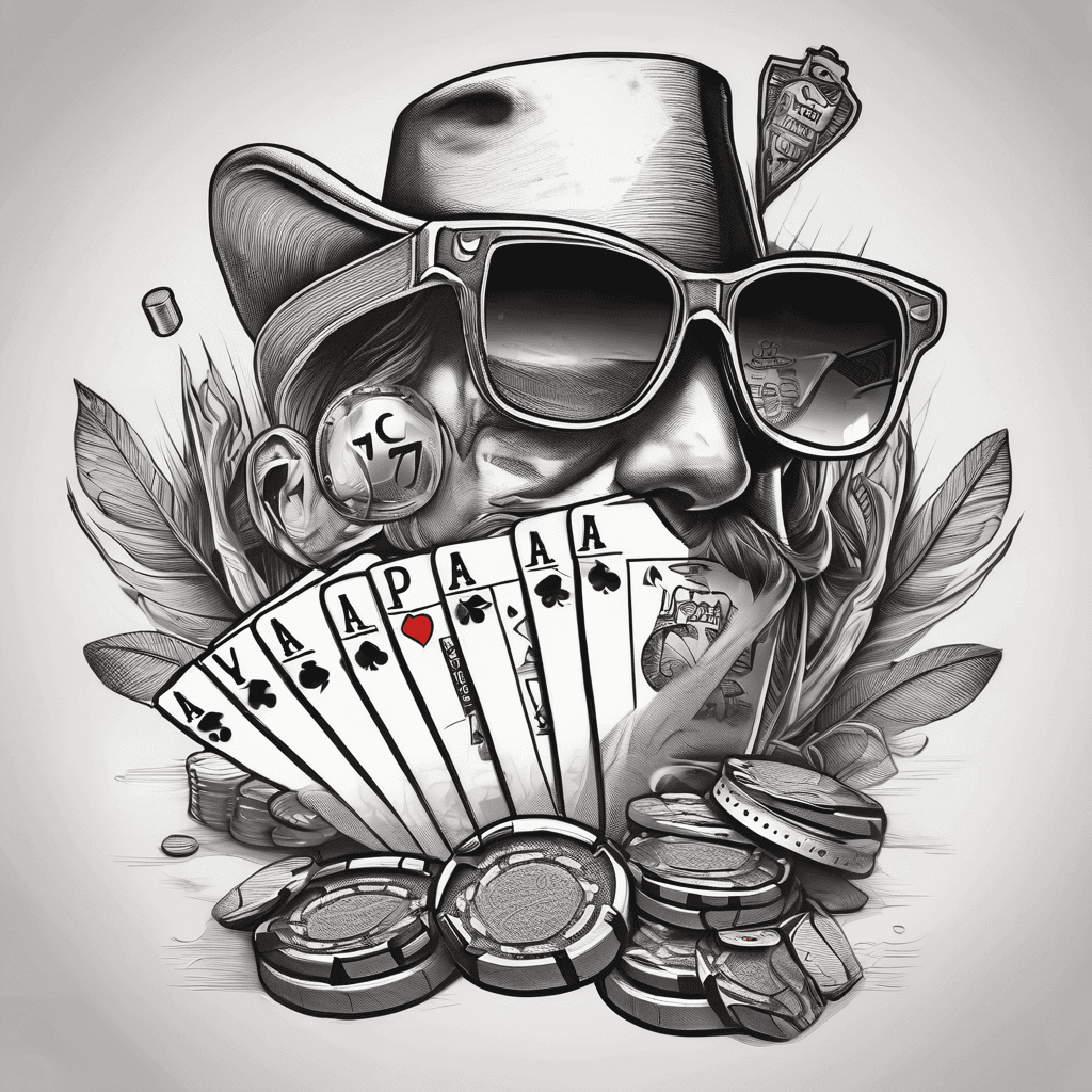 Texas holdem poker. Pulling back cards that reveal 72 next to stack of poker chips. Sunglasses sit next to the stack and in the reflection reveal pocket aces.