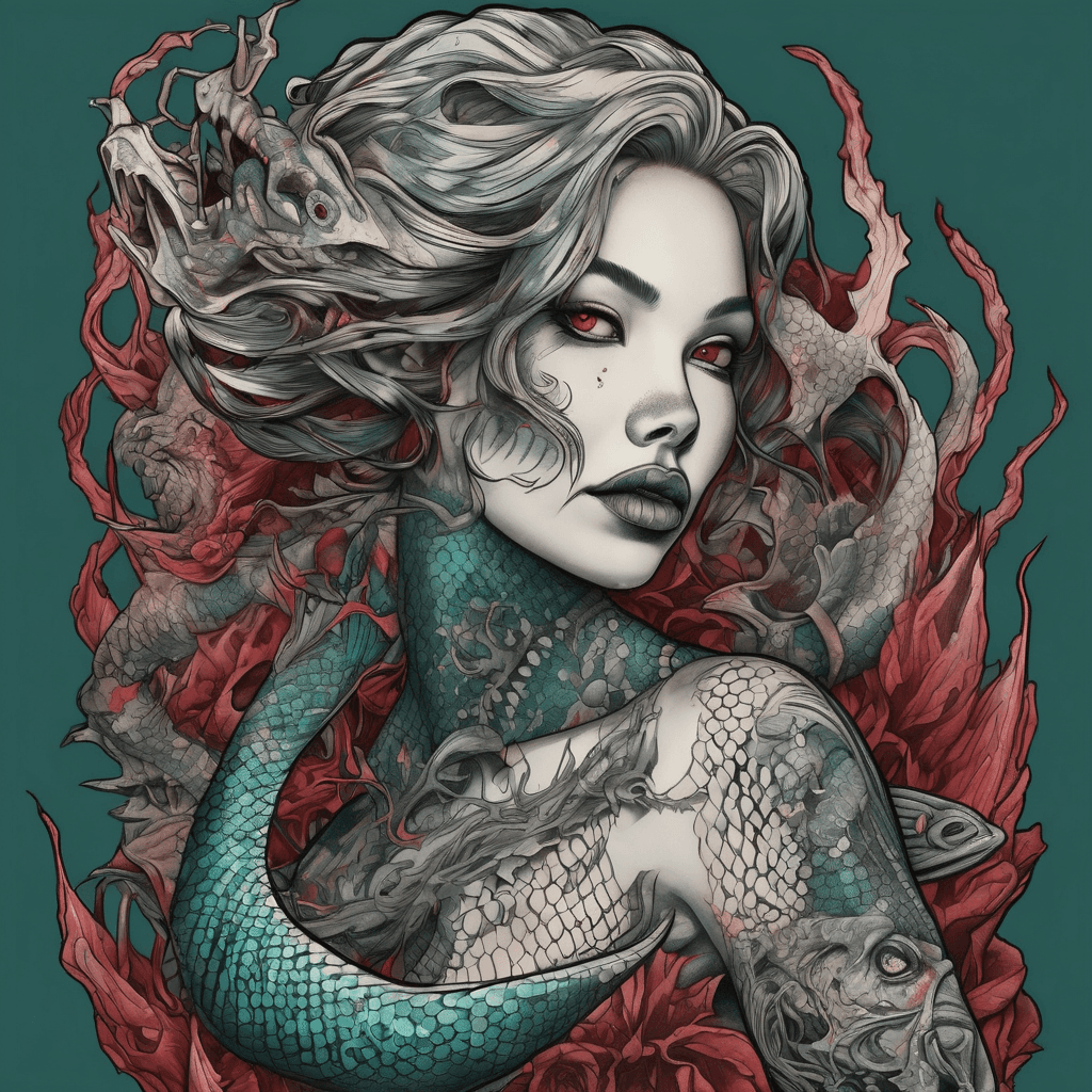 A hyper-detailed, neo-traditional style color tattoo on a human neck. The subject is a menacing deep-sea mermaid with sharp teeth, bioluminescent scales in dark teal and crimson, and tattered fins. Dark and creepy aesthetic, sharp lines, ri