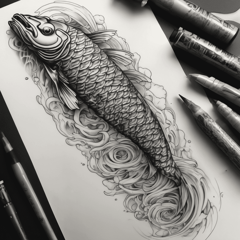 A vertical inner forearm tattoo design showing the transformation of a koi fish into a dragon. At the lower forearm, a highly detailed realistic koi fish swims upward through soft water. In the middle, its body shatters into intricate geometric fine lines. At the upper forearm, it transforms into a powerful dragon head with bold neo-traditional outer linework and heavy black shading. Black and grey ink, flash sheet style, crisp white background.