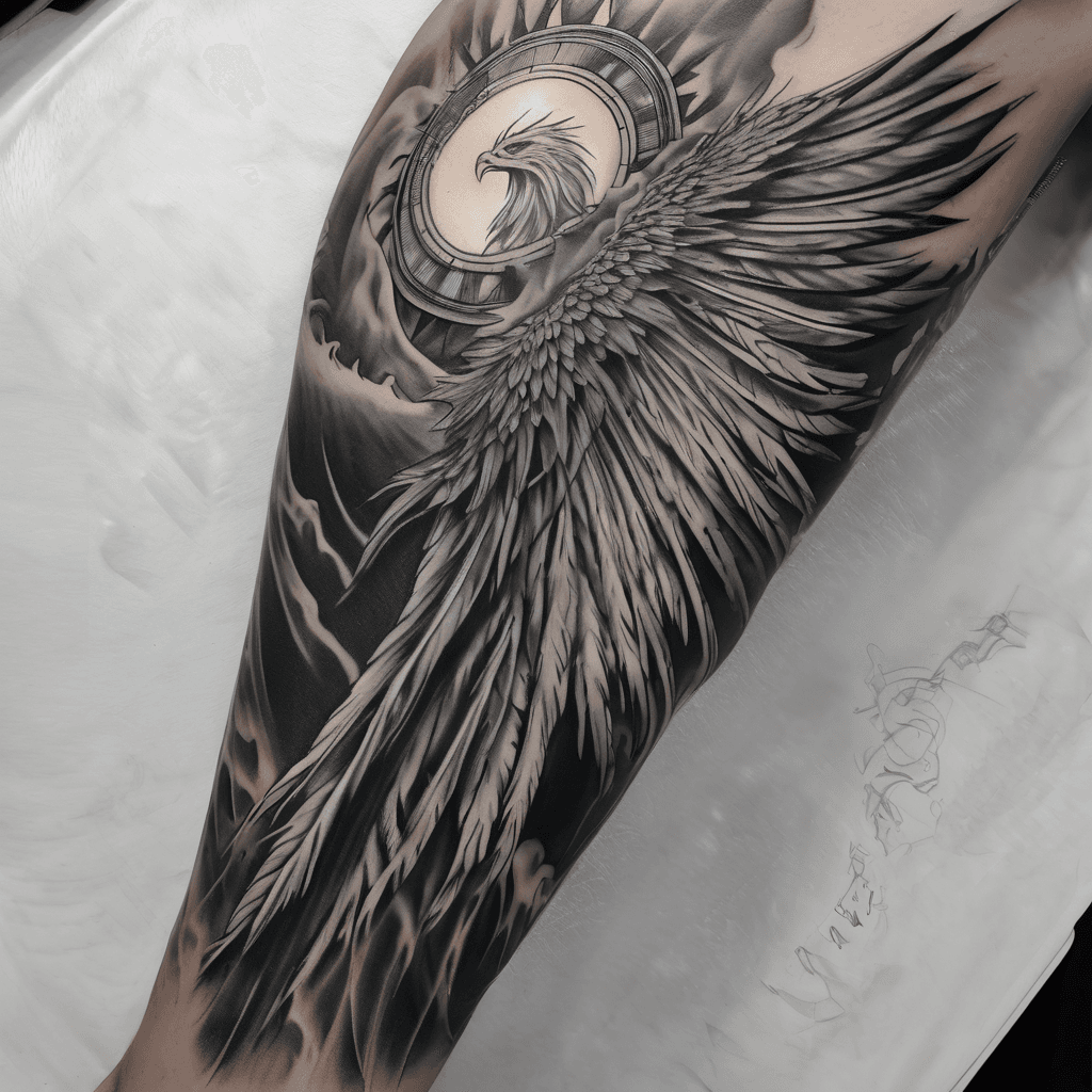 A full black and white sleeve with a large sun with a hand print inside of it on the shoulder/bicep flowing into large feathers like an angel wing then further flowing into armor covered in dark