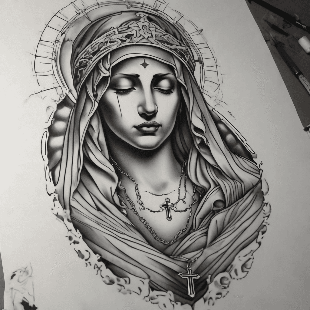 Thigh tattoo REALISM doesnt go below the knee needs to be upside down designs: faith, strength, Christianity, the Blessed Virgin Mary, and clasped hands holding a rosary; also, birth years 1976, 1978, 1999, and 2009,