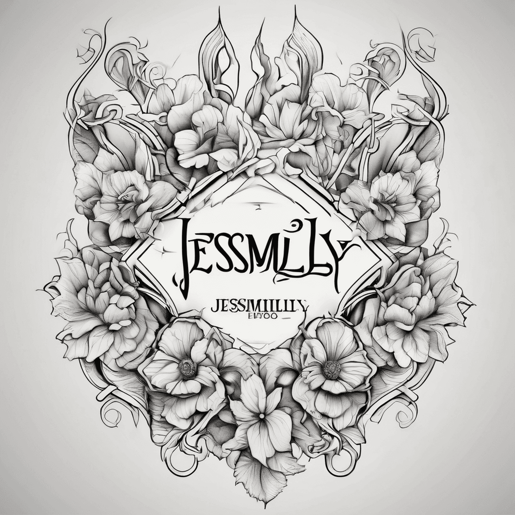 A beautiful tattoo design featuring the name "Jesmily" in elegant lettering