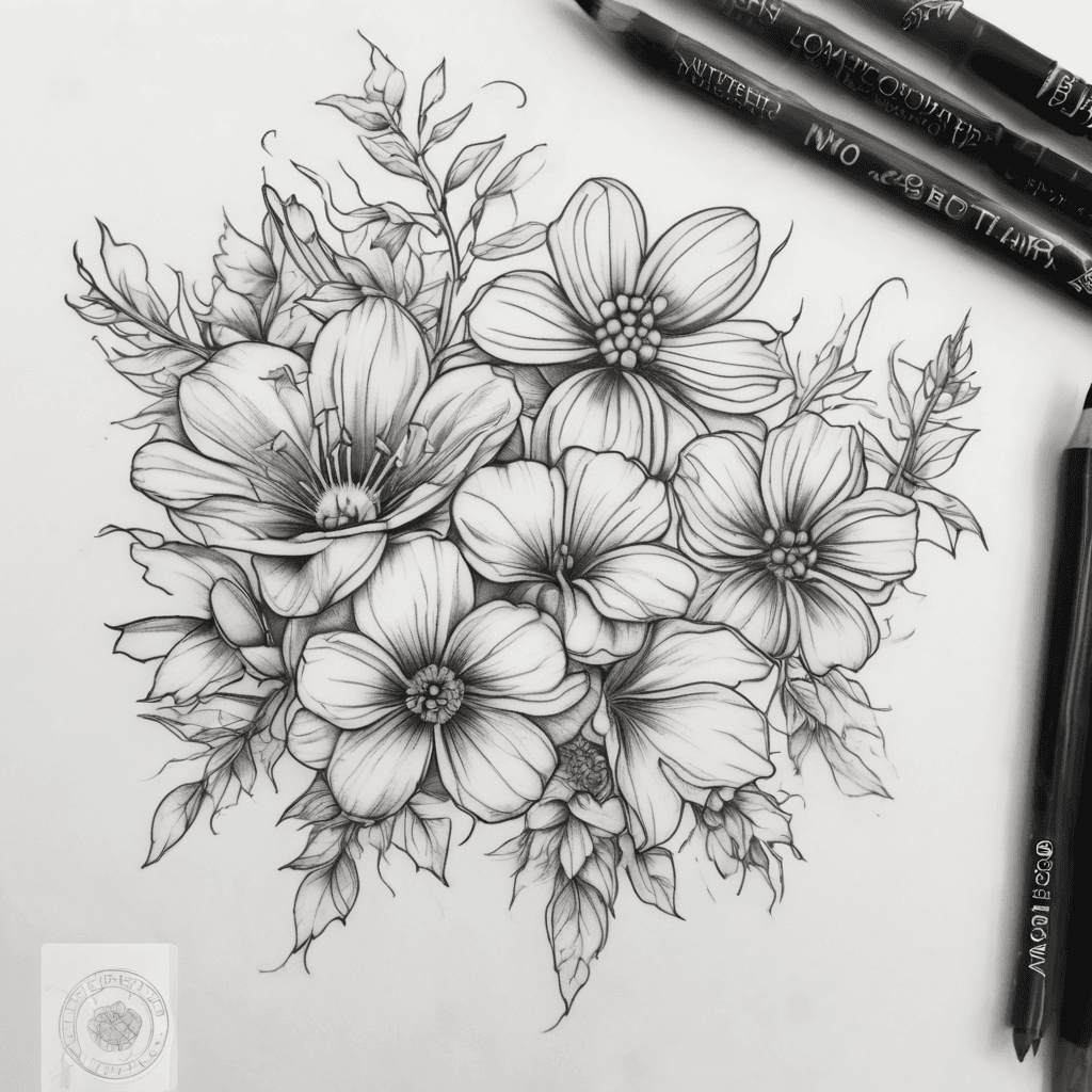 a fine line small tattoo of the birth month flowers for December and October. Intertwined next to each other. Simple low detail, Back of the arm, small with 2 sparkles