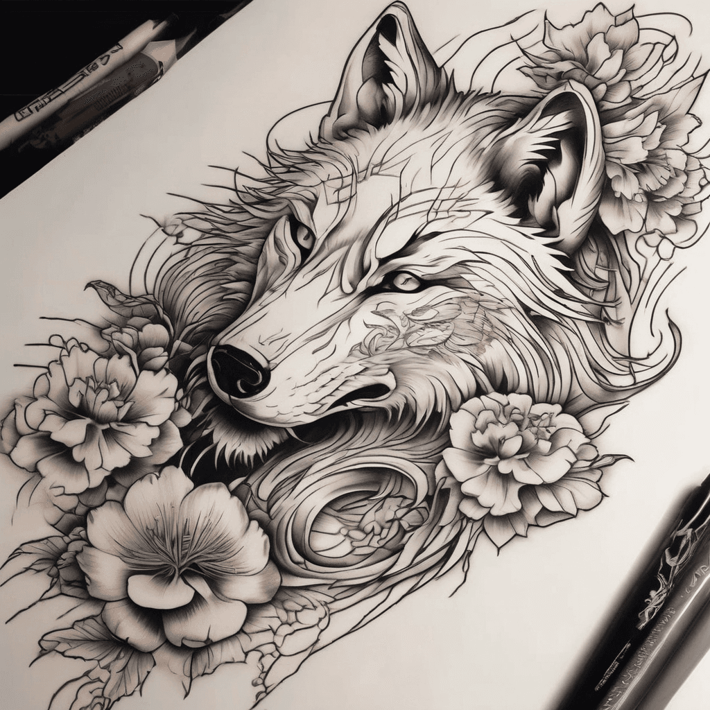 Arm, japanese style, wolf, cat, flowers