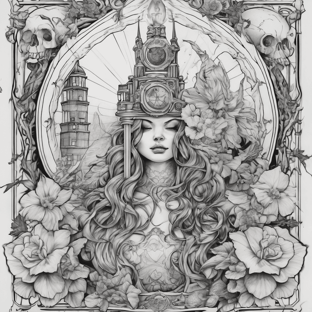 Hi, I want you to design a tattoo for meI want the siren mirror on the side. Um, and a compass. And I want the towers from the terror deck. And then I want the poison bottle and violets on the side. And a broken tooth. I want it to be cut in a half and for the left side to be a little bigger. The tooth, but make it small, the tooth. And I want and dark shadow around his name. And it's like it is wrapping around his name. The name is Xavier. And I want two bells. And I want the image from the tower from the tarot deck that I mentioned earlier. And I want a heart a little small emoji heart actually the pink one. And I want it to be medium sized like for the arm. And I want it in the poison bottle. I want a Uroboros. .