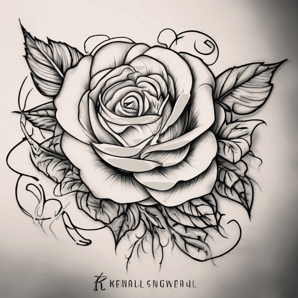A beautiful tattoo design featuring the name "Kendall" in elegant lettering wrapped in a rose with vines
