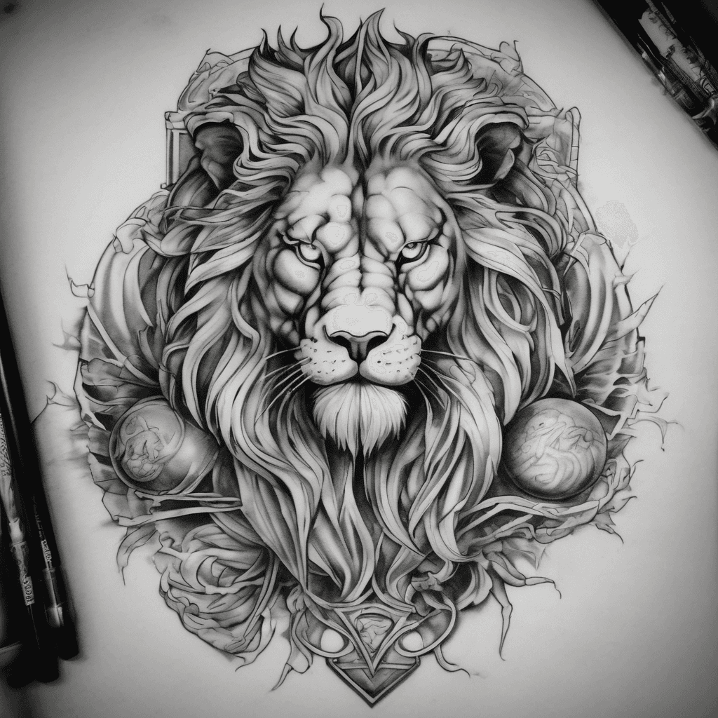 create me an arm and chest piece sleeve with greek mythology, ive already got zeus and medusa on my left arm, hades cerberus and atlas on my leg with a roman soldier so i want to continue the theme on my chest and other arm i want a lion on one side of my chest by itself