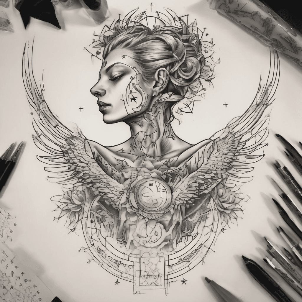 a fine line spine tattoo that goes from base of neck to tailbone with scrolling airy lines with a Gemini and Aries constellation with sun & moon