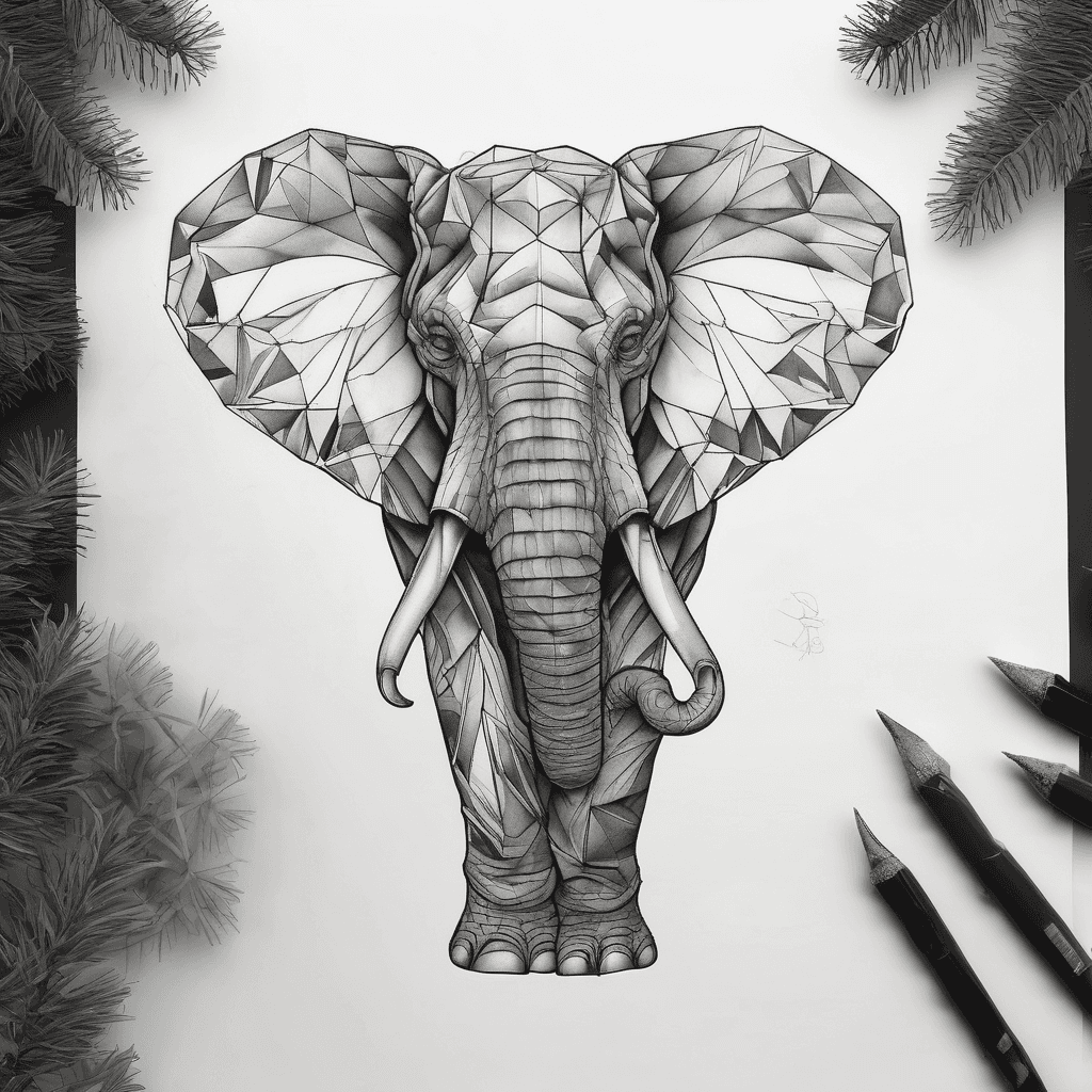 A complex, high-detail black and grey flash tattoo design on a pure solid white background. No human skin, no frame, no background elements. The composition features a vertical split design: the left half is an elephant head in low-poly geometric style, containing a detailed pine tree forest inside its ear and subtle dotwork shading, transitioning into geometric honeycomb patterns. The right half features a realistic, highly-detailed shaded elephant head with a majestic eagle perched on top right, and a realistic wolf head positioned at the bottom right. Fine line work, mandala and lotus elements at the very top, constellation lines, hanging feathers, and small crescent moons at the bottom. Clean lines, tattoo stencil flash art style, sharp focus, 8k resolution.