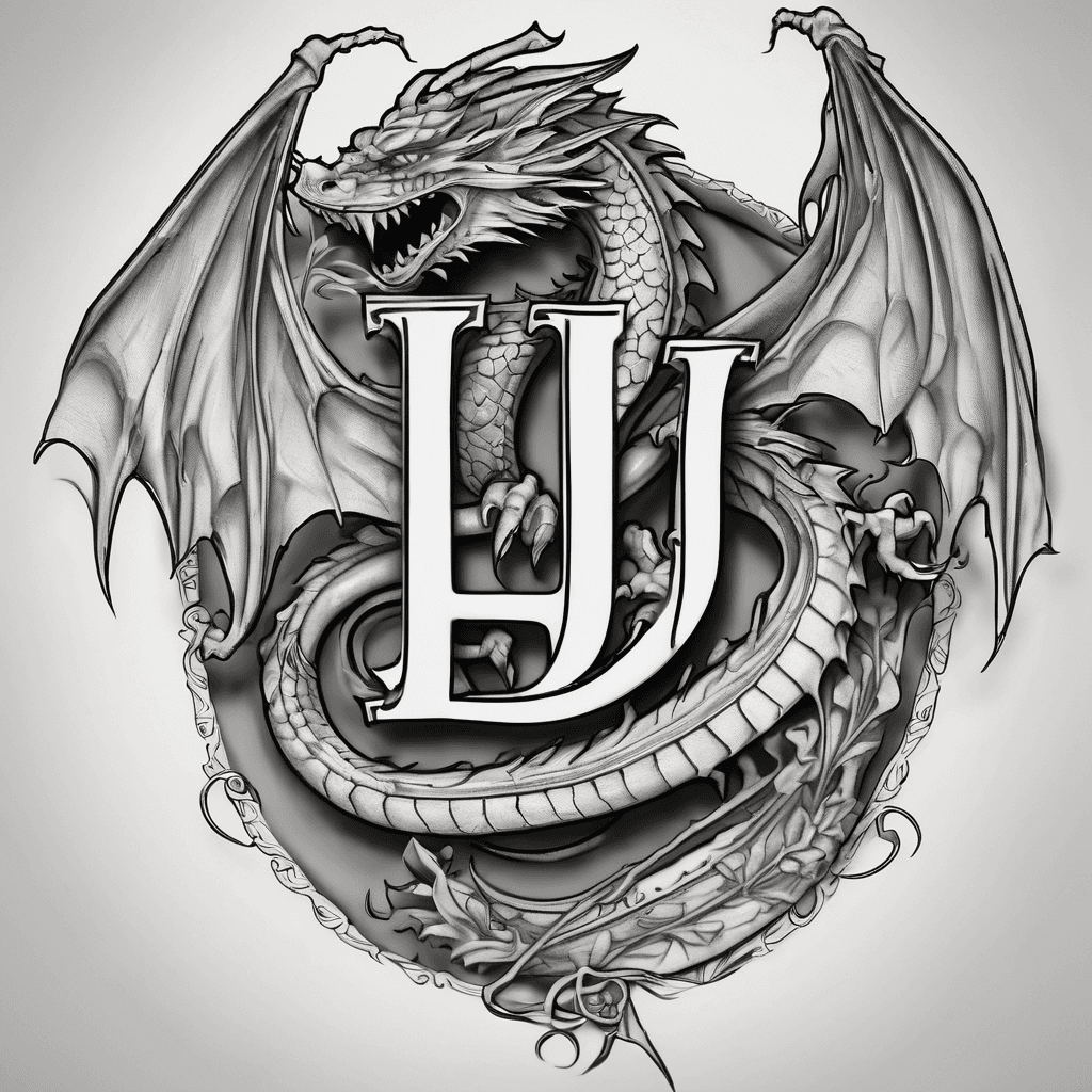 A beautiful tattoo design featuring the letters "L” and “J" in elegant lettering incorporating Welsh Dragon in black/grey