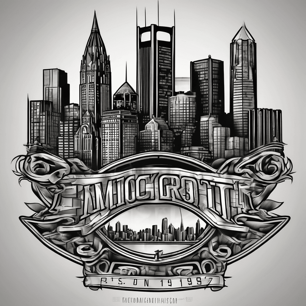 American iron and steal logo with city of Pittsburgh skyline and est 1977