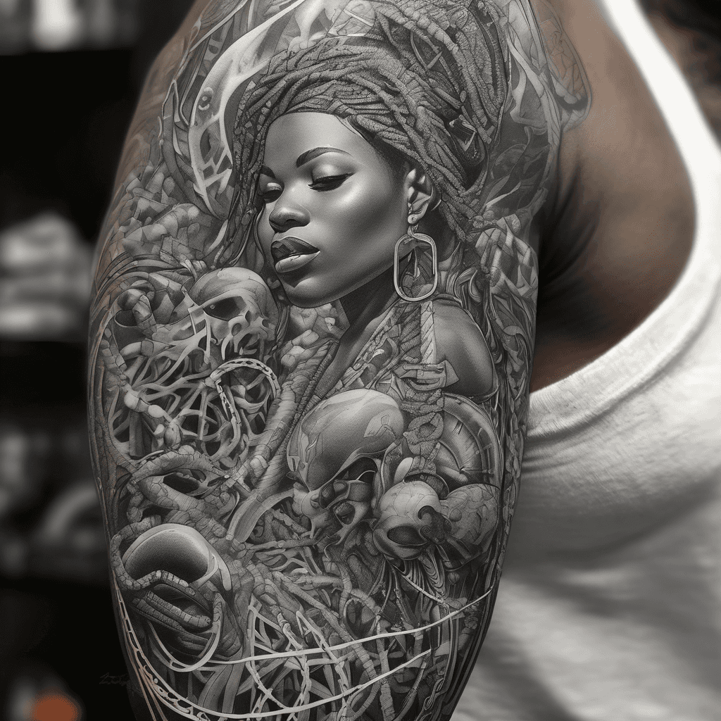 A highly detailed, conceptual full sleeve tattoo design, neo-traditional blackwork mixed with graphic novel illustration. A massive structural core made of heavy iron chains (Ogun) and pristine white metal (Obatala). At the base, stylized ocean waves and cowrie shells (Yemoja) crash against seven distinct rolling hills (Ibadan). Flanking the center are two Ere Ibeji carved wooden twin statues with subtle glowing eyes. Flowing upward through the center are geometric blueprints heavily inspired by Yoruba Adire textile patterns and ornate peacock feathers. The top shoulder explodes with the heavy atmospheric winds of Oya and blinding, high-contrast lightning strikes of Shango. Deep, cinematic shadows, stark linework, incredibly cohesive composition, white background, masterpiece --ar 9:16 --style raw --v 6.0