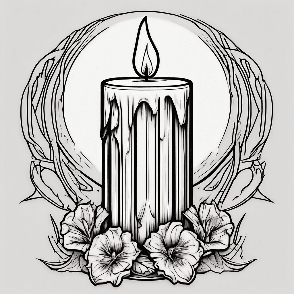 A wide pillar candle with a flame. A black moon stamped onto the candle.
