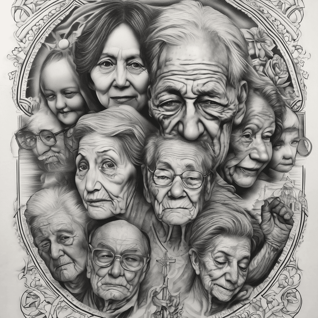 i want to represent my 3 grandparents (2 grandmas and one grandma)represented by religious figures guiding me (when I was a little kid) from above, the tattoo has to be in realism style black and white. it has to go from the elbow to the wrist on the whole lower arm