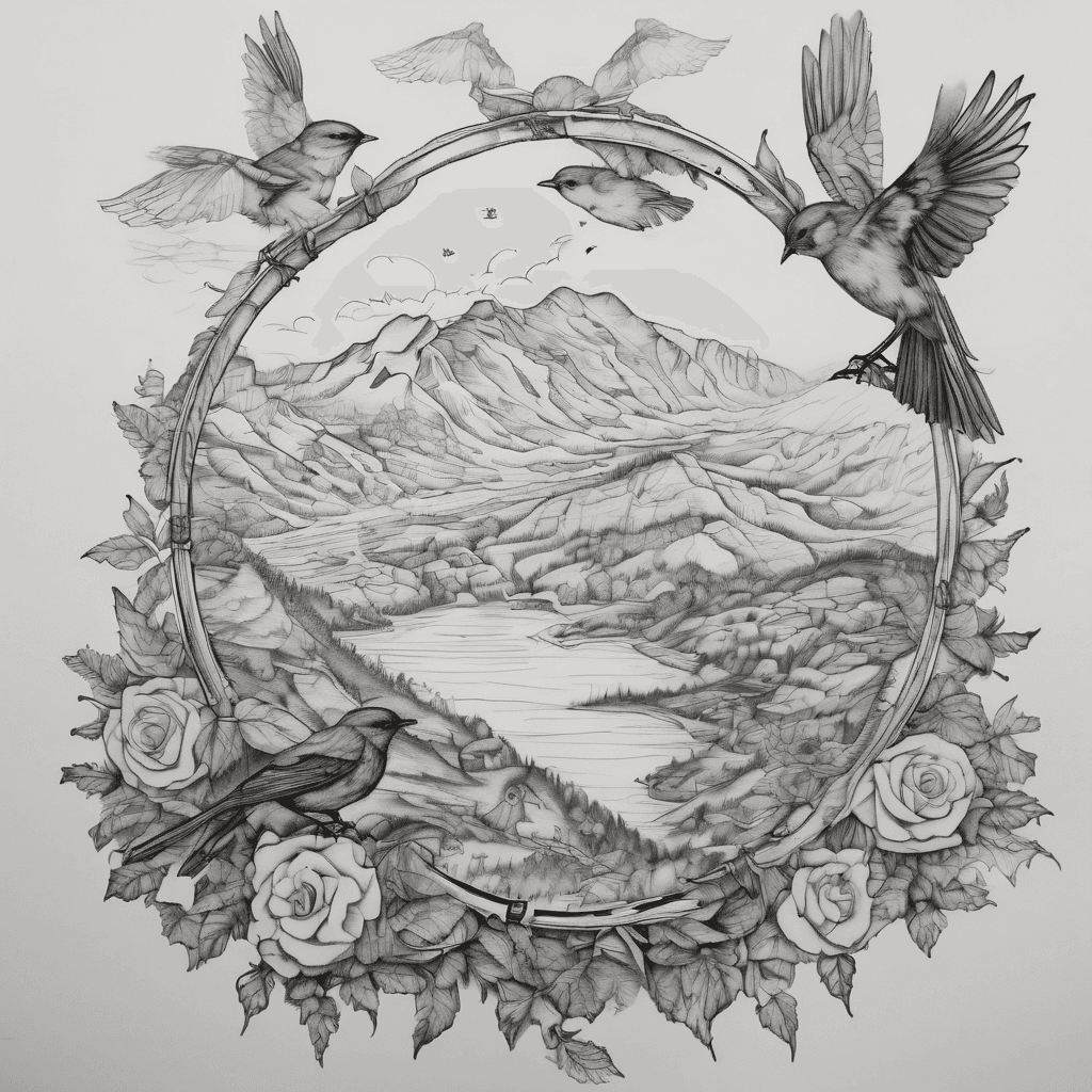 I want a small sleeve which is a timeline. It should start with three robins on a branch. Then two graduation hats. Then a Welsh mountain which goes into the sea. There should be two men and two cockapoos on the mountain. There should be a quote from the poem Love After Love by Derek Walcott. It should all be fine line and done classy.
