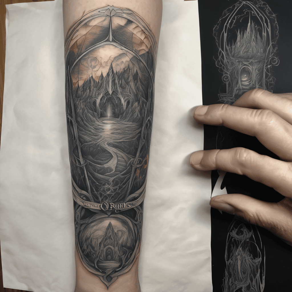 a colored lord of the rings tattoo for the top of the forearm that includes the one ring, elven script, a balrog, the eye of mordor, and the traveling group walking in a line.