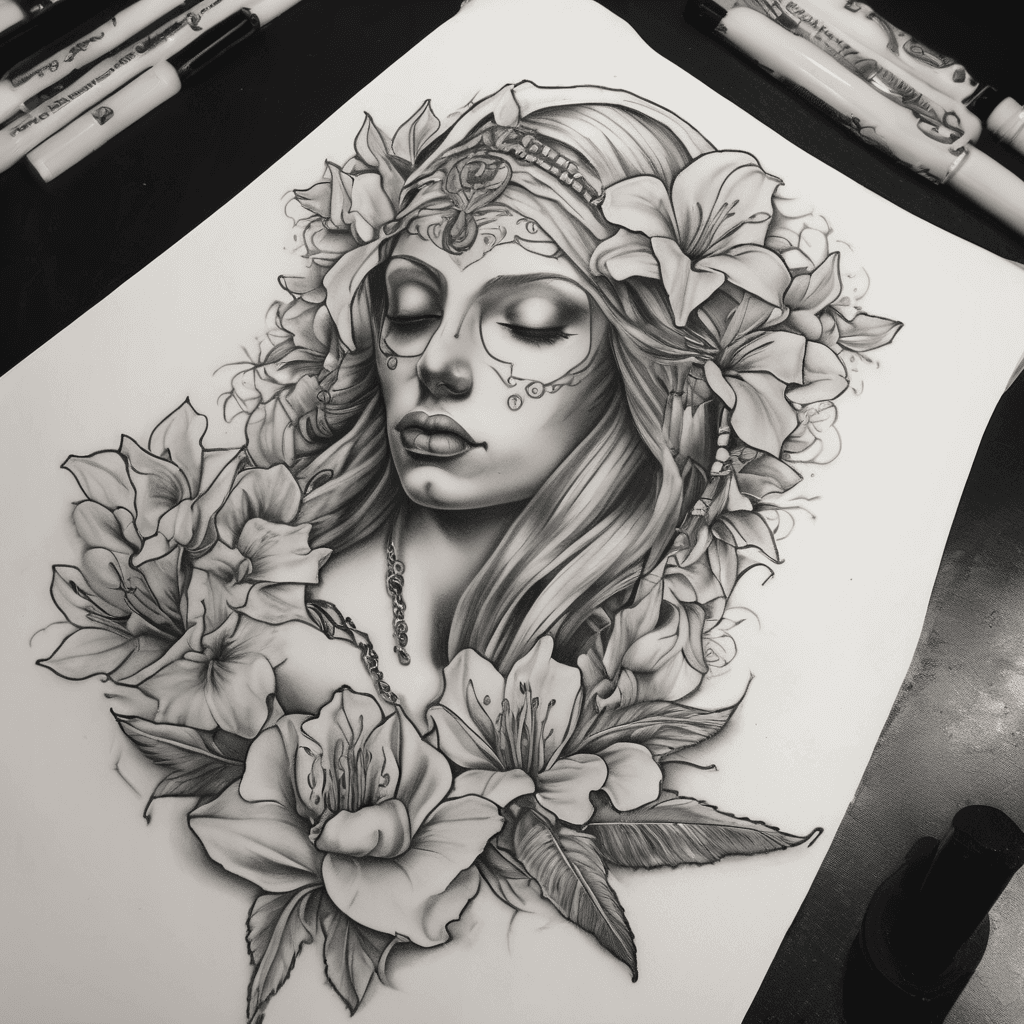 I would like a thigh tattoo with some lilies, a rosary and then a virgen Mary going down the side of my thigh. (Almost the same as the reference picture minus the skull) and to add a red halo behind her head and add some cursive calligraphy with the word “heavenly” on the side of the tattoo. The third reference picture would be a reference for the halo and how I would like the placement of the calligraphy.
i want this draw in the style of kasim.tattoo on instagram