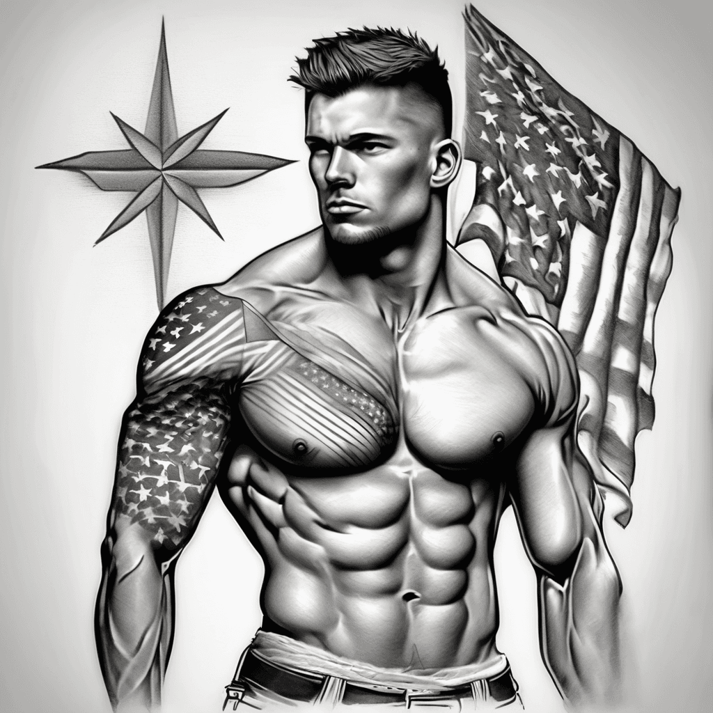 I want a simple deltoid to mid bicep cross tattoo with a little bit of patriotism added into it for a white dude, smaller cross and smaller flag, flag in the background and cross in the middle, flowy but simple