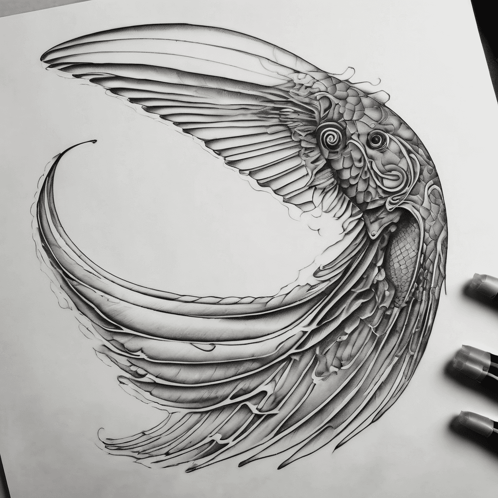 flying fish wings, delicate, detailed, graceful, with disappearing scales across the back Not the whole fish, just fin-wings, creating the illusion the wearer has wings hyper-realistic black and white lines, curving and curling underwater
