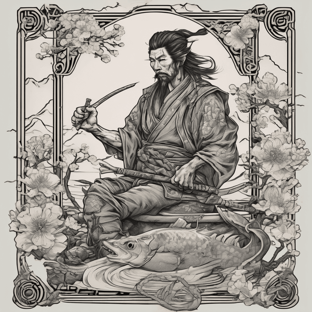 Hunt showdown tarot card "The fool" redesign in ancient Japanese style similar to Miyamoto Musashi.