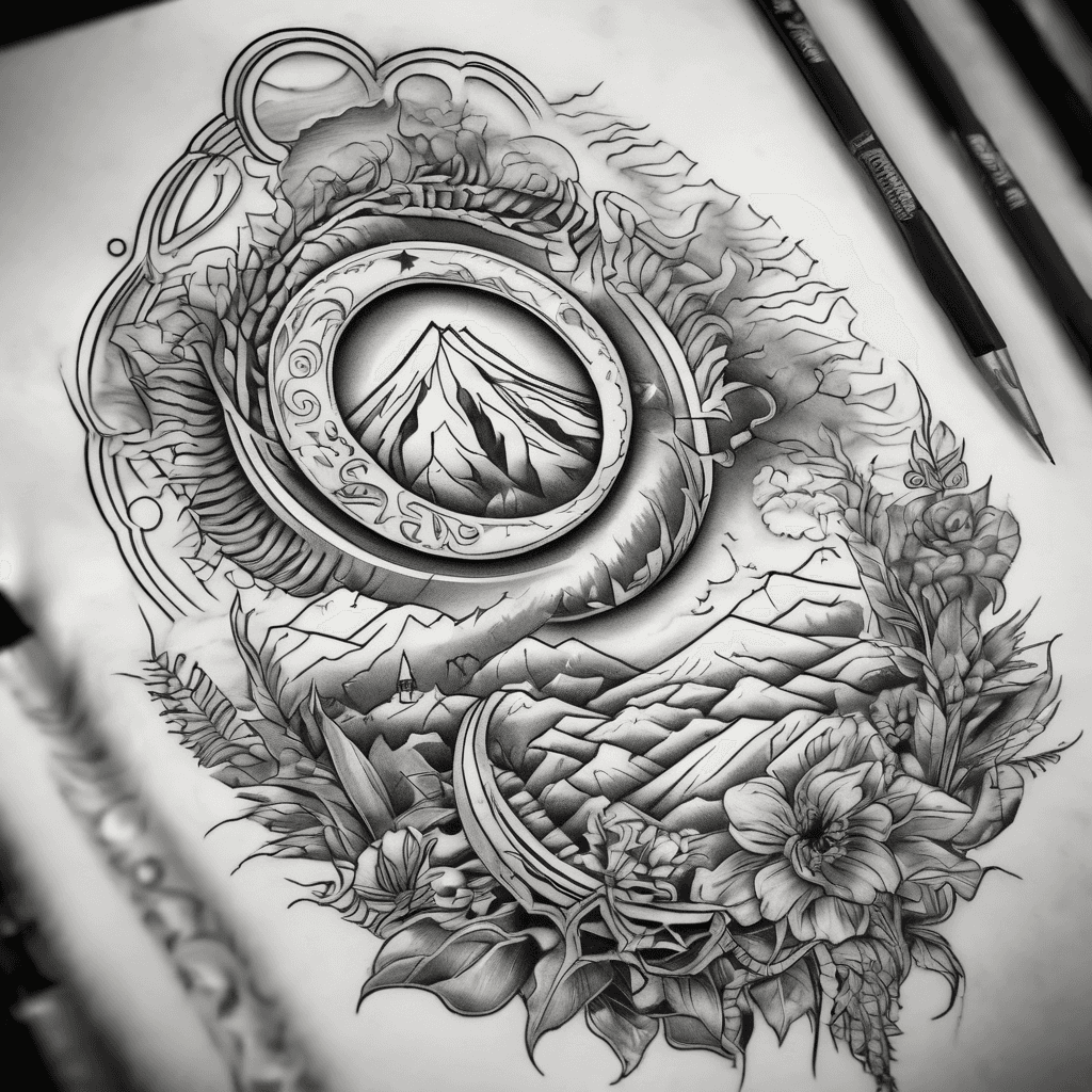 Generate a tattoo for a man's fore arm to include Trishul, Crescent Moon, Mountains, Rudraksha. This is for a first timer