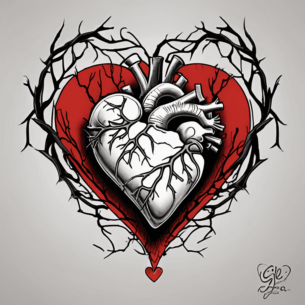 Red heart with black gothic twigs behind it & name GiGi inside heart to go down forearm