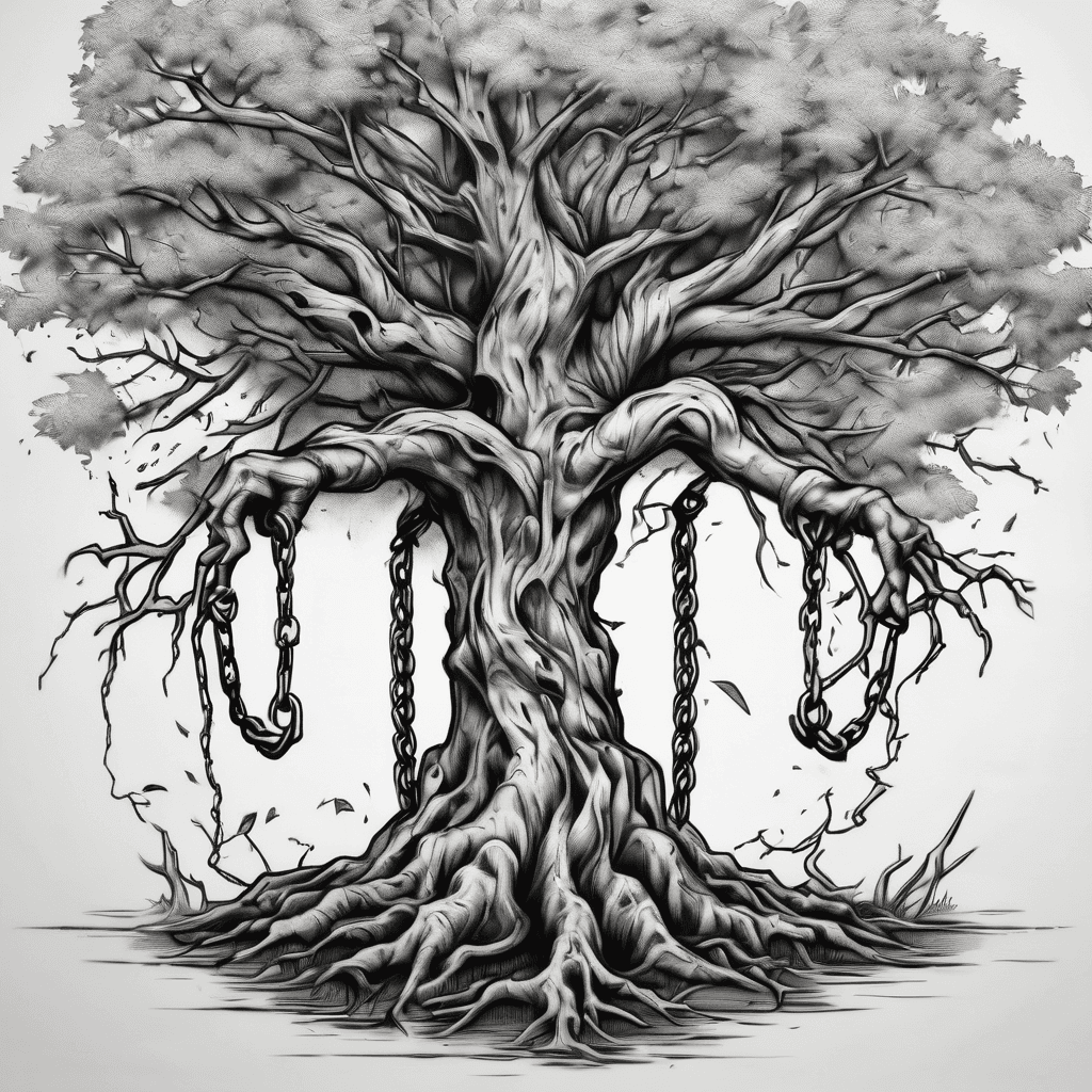 An angry tree shackled to the ground, but just breaking free of the shakes as all hell breaks lose all around