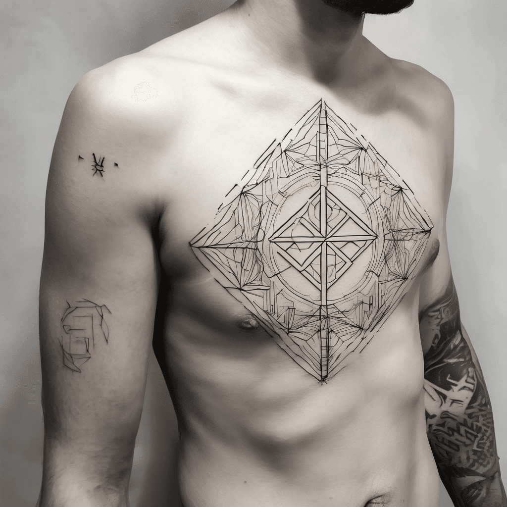 A simple and minimalist geometric tattoo design, suitable for the shoulder and positioned so it remains hidden under a short-sleeved shirt. It should be medium-sized, neither too large nor too small or overly compact, with a clean, uncluttered design to keep the cost low. The design should incorporate symbols representing courage, patience, and determination, along with an element representing being from Northern Iran, such as a mountain or the sea. An additional subtle and optional element can be included to complete the composition without making it look busy.
