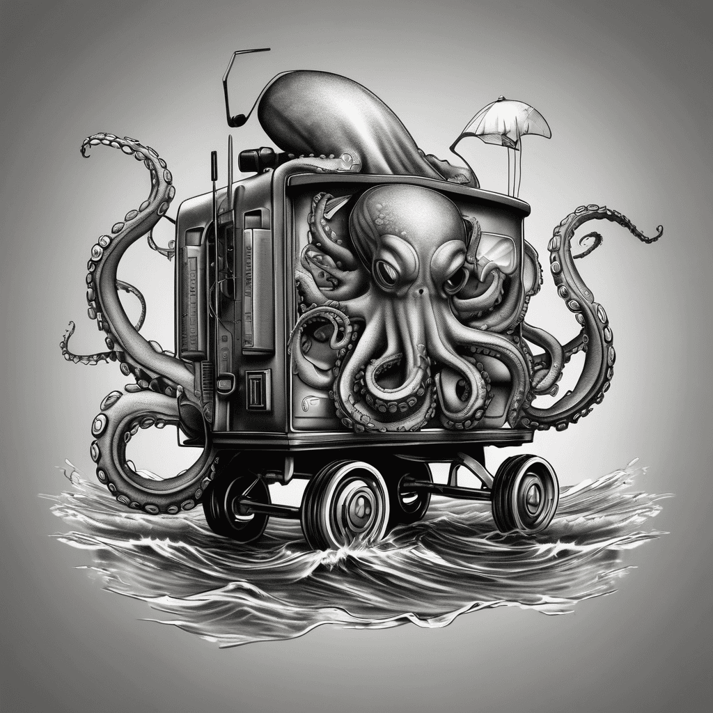 Octopus pulling a radio flyer wagon with records and headphones out of the ocean in perspective of you looking down the alley with it pulling it towards you