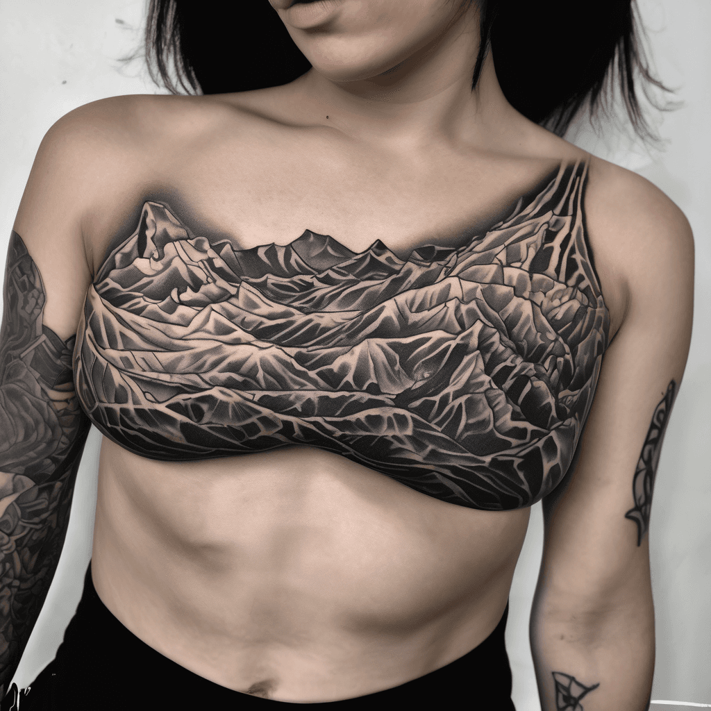 A high saturation dark color tatoo which is for a scar cover up on the belly. The scar goes vertically in the middle and runs around the belly button passes it and then ends at the bottom base belly. I thas to be vertical
