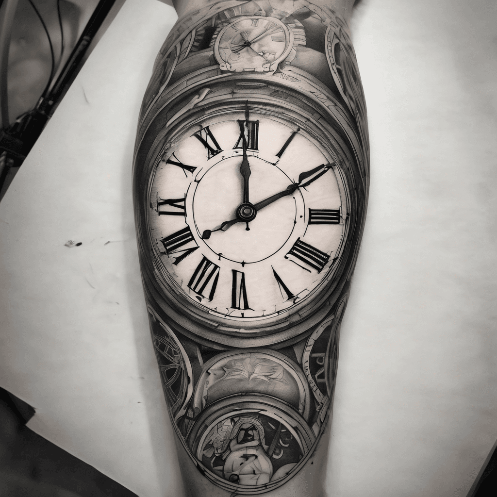 A full length sleeve containing A Roman numerals clock face at the time 12.44 , a date of 18/9/19 somewhere , the nsme Theo , 5 stars throughout , 4th October 2014 in Roman numerals ,