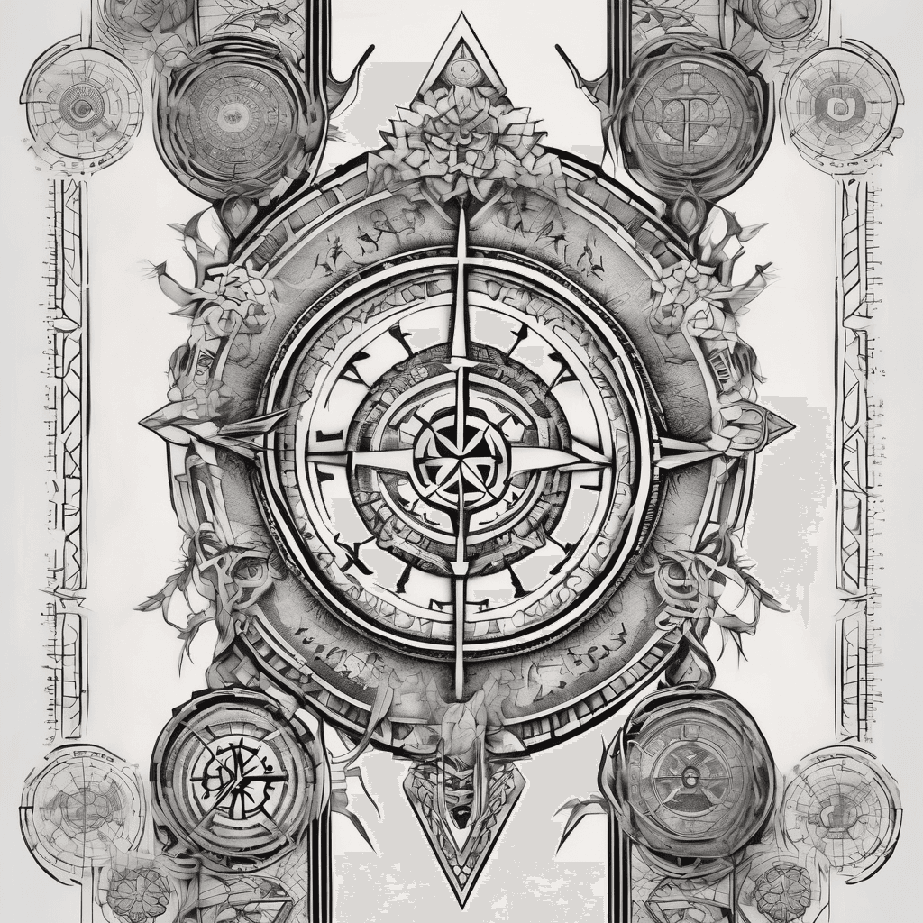 A vertical, long forearm tattoo stencil design, Norse style. In the center is a highly detailed Nordic Vegvísir compass, surrounded by heavy sacred geometry mandalas, layered geometric cuffs, and dense dotwork shading. Symmetric design, sharp black ink on a solid pure white background. Flat vector art, no realistic skin, high contrast, perfect for a full inner forearm sleeve.