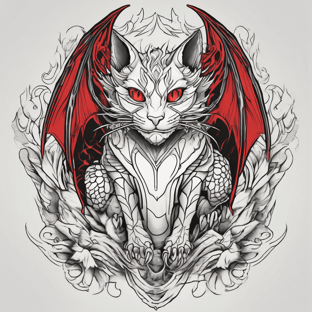 Forearm cover up of winged cat tattoo with realistic red and black dragon