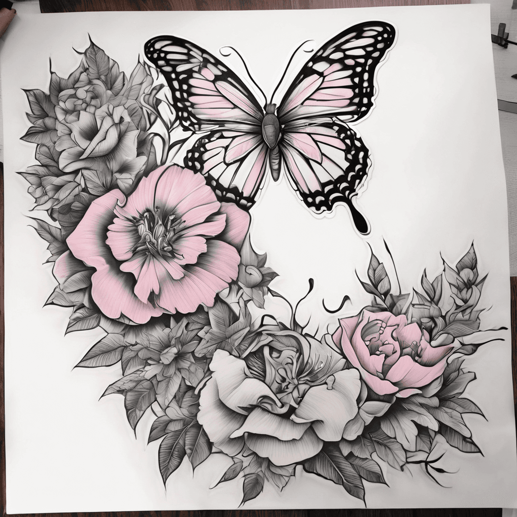 Floral pink/black with butterflies tattoo on the left side of torso, extending down to pubic area to cover cover section scar and extending down left thigh to top of knee