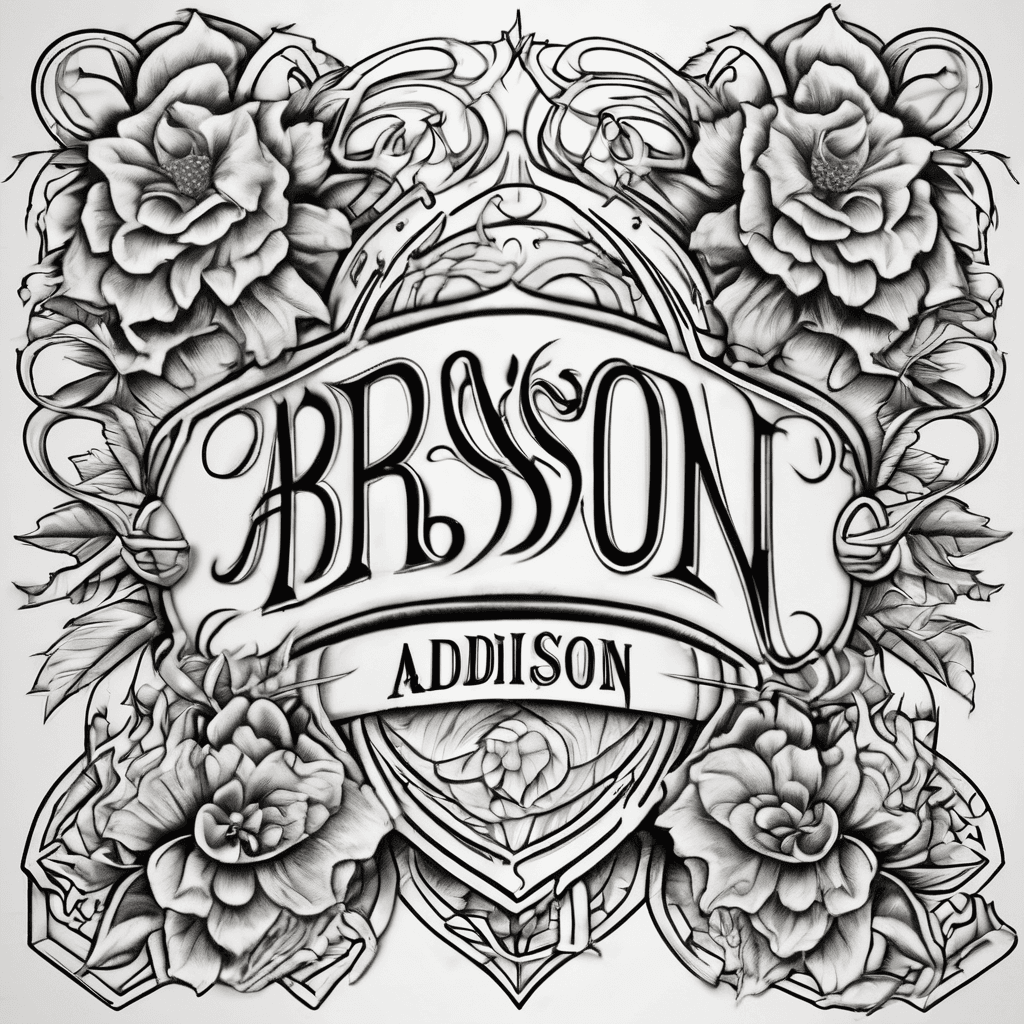 A beautiful tattoo design featuring the name "BRYSON & ADDISON" in elegant lettering