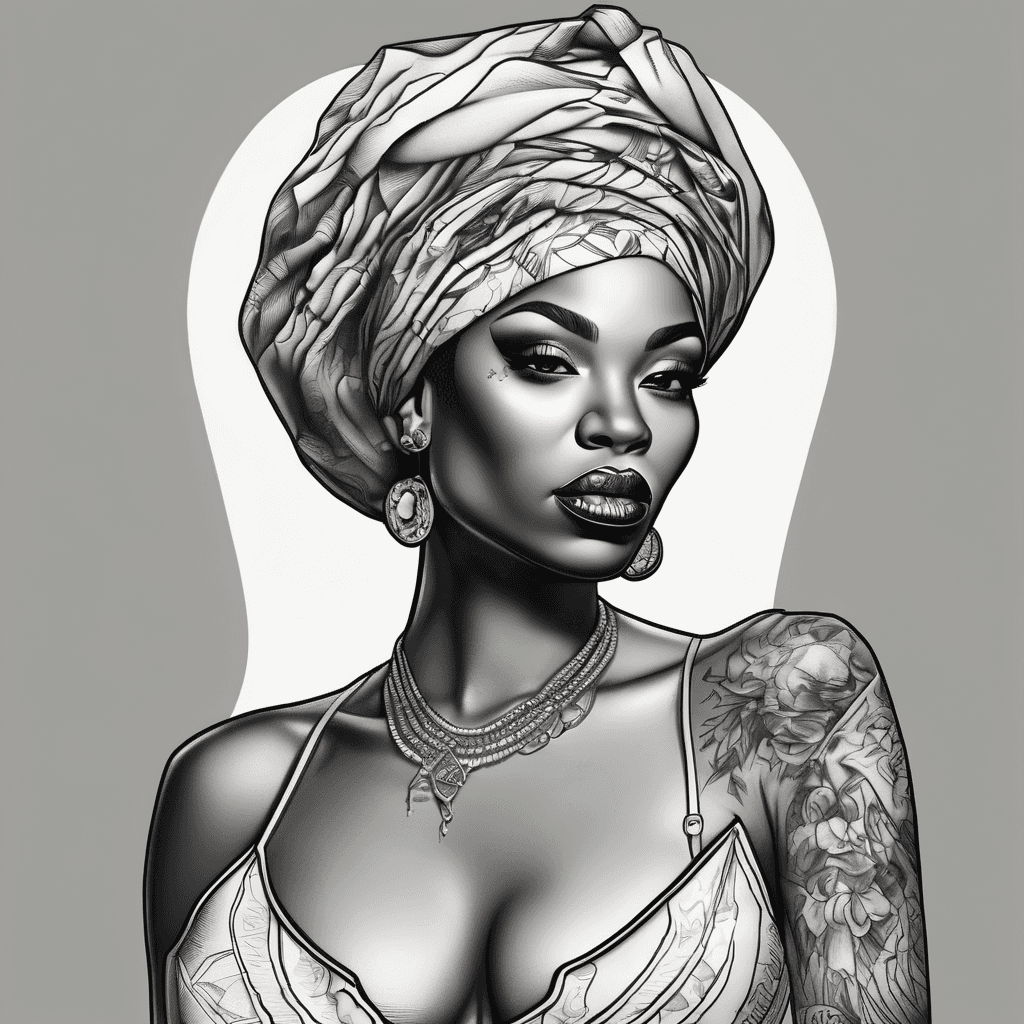 Tattoo of a sexy black woman from detroit in a dress with cards