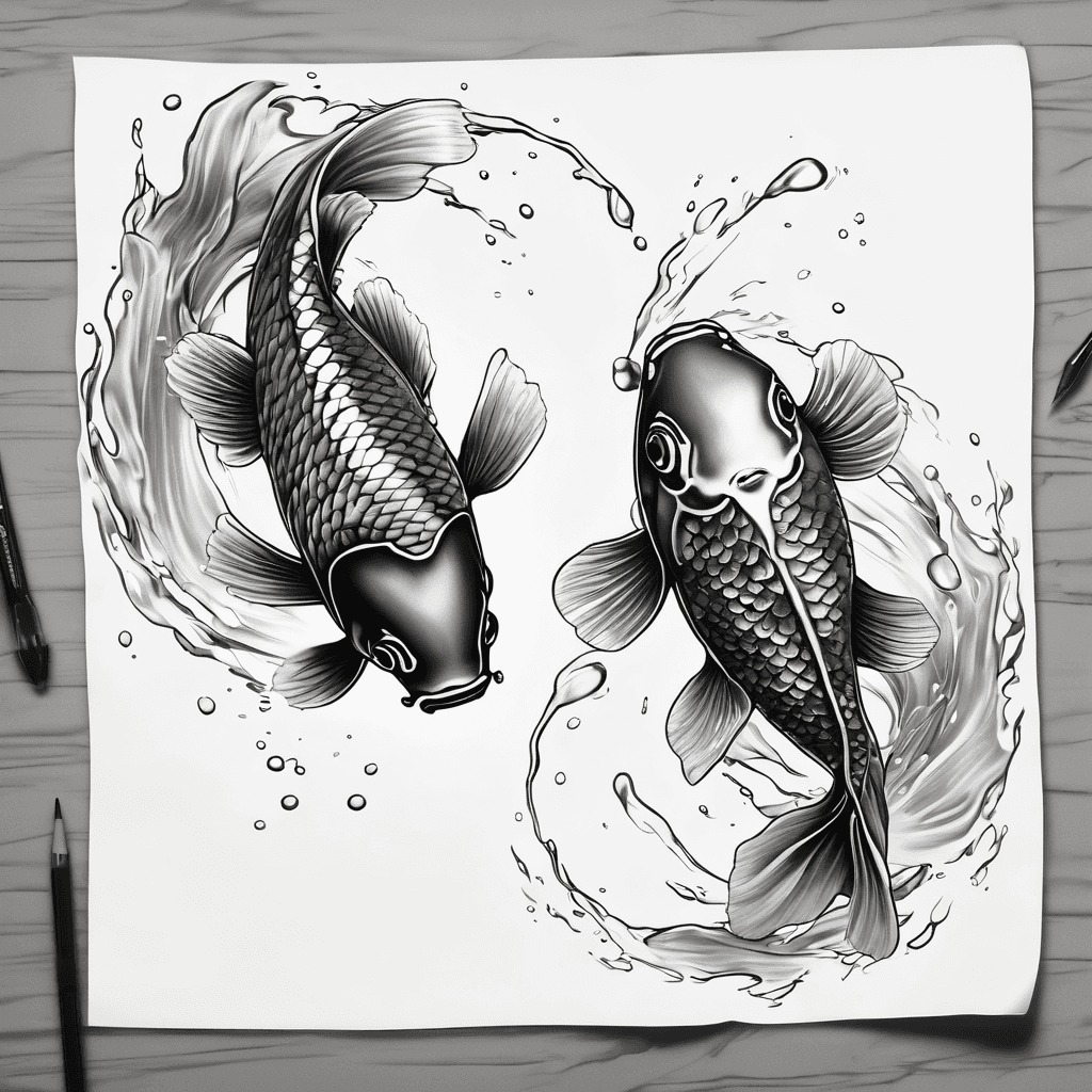 An image of two black and grey koi fish in realism with moving water around the pair. It should be elongated to fit the side of a back and also the fish going the opposite way almost resembling yin and yang.
