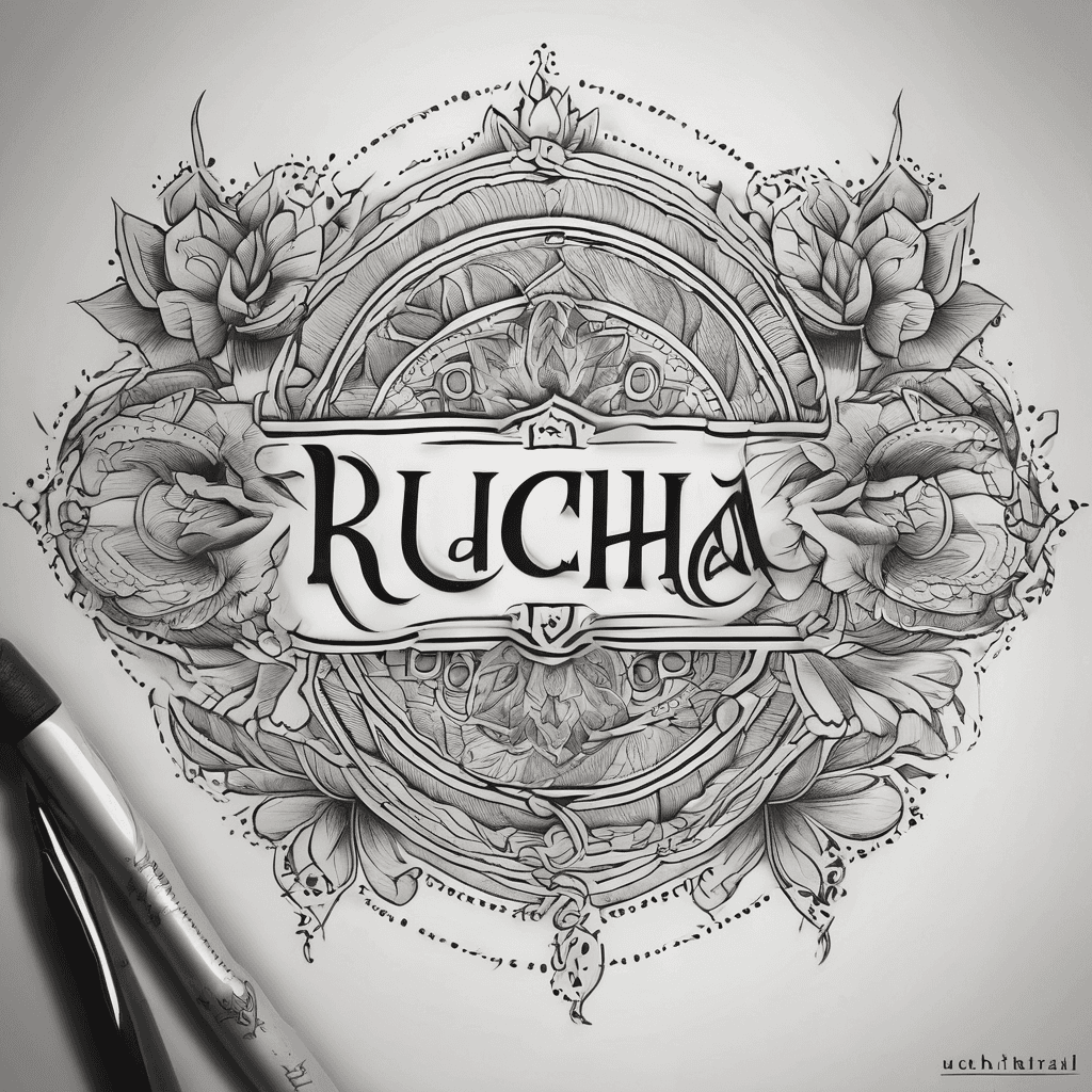 A beautiful tattoo design featuring the name "Rucha Rajashree Chaitrali" in elegant lettering