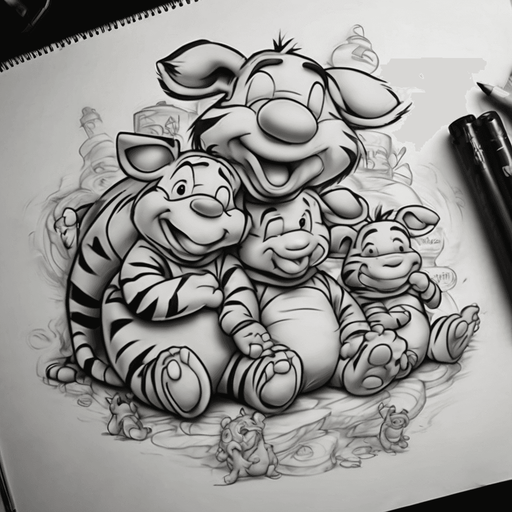 Create a tattoo image with Tigger, piglet, and eeyore with the numbers 6:14, 6:15, and 6:23