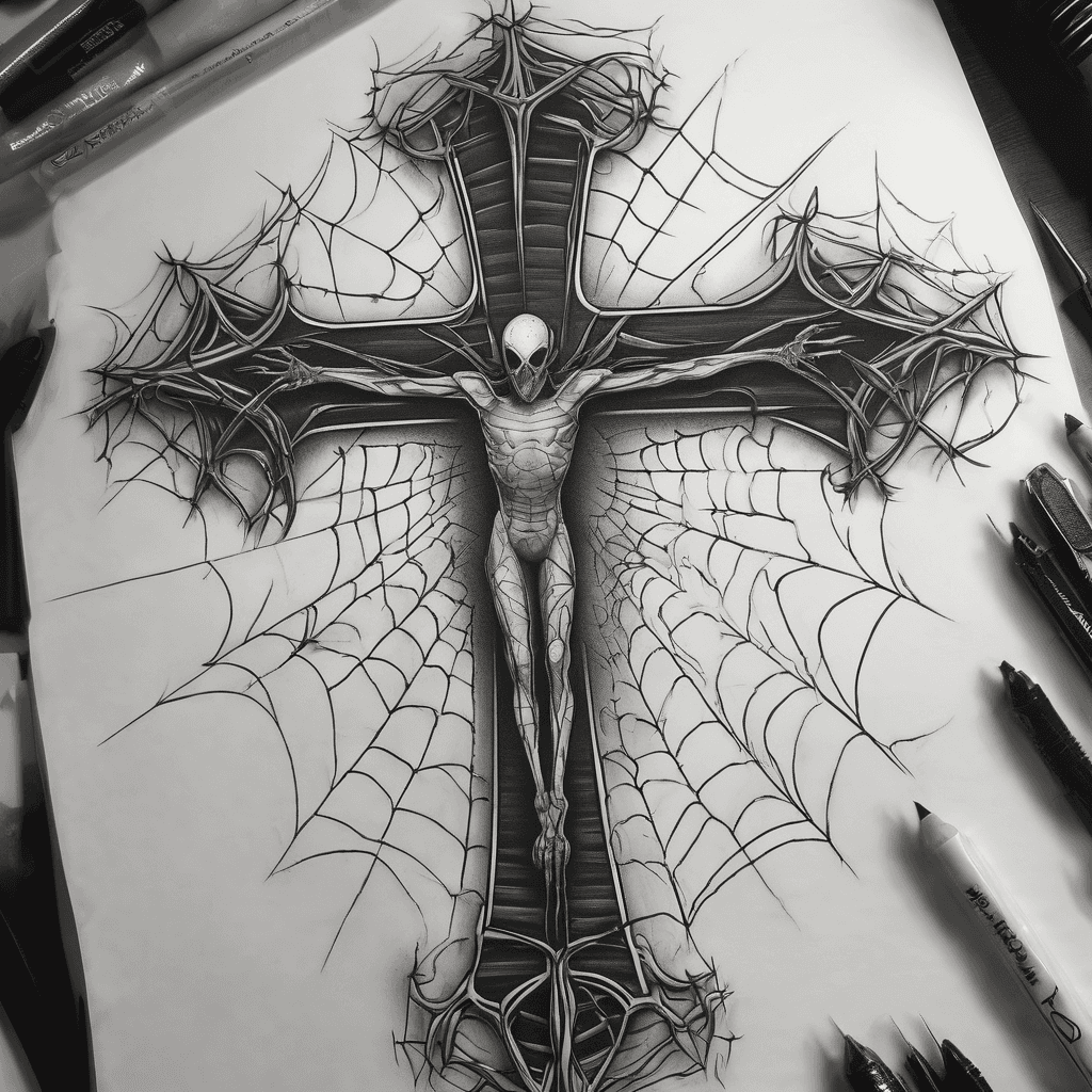 black line cross that has a spider looming over it from behind. Spiders face is forward and abdomen is half obscured behind the cross and its legs are wrapping around the cross from behind with webs all around.