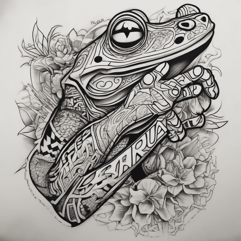 It's a tribal sleeve a frog from Puerto Rico that extends over the left peck with a tribal pay print and the name bella written in the inner fore arm all connected