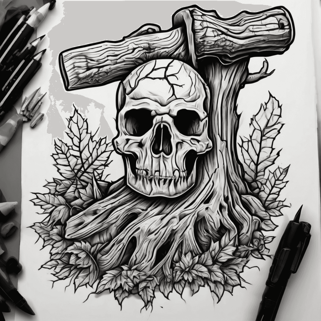 A neotraditional style tattoo of a tree stump with an ax in it and foliage around