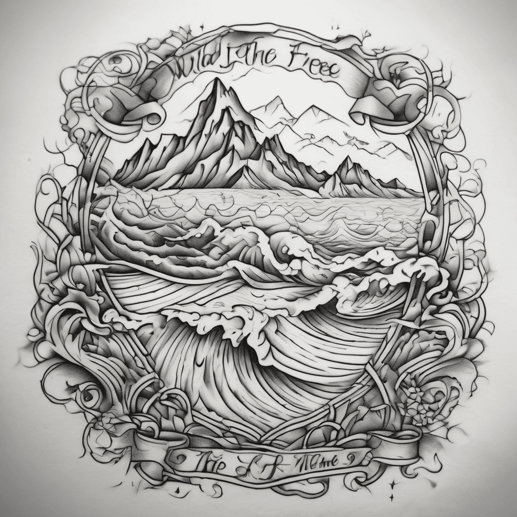 Pencil thin cursive of the phrase ‘wild and free just like the sea’ with mountain range at the beginning and waves at the end