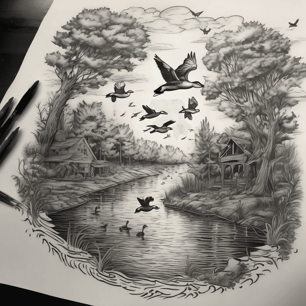 i want to do a scene of water like from like the bayou with trees and ducks flying and people fishing and then also have a part where is a cross built in to the sun with duck calls are hanging with birthdays in graved