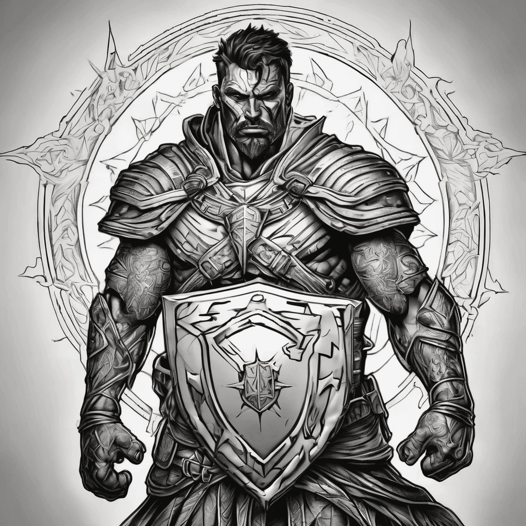 a dark defender with his shield raised to defend from the sun rays of the sun that would otherwise kill him, his shadow creates a light defender with his shield raised to defend from the dark rays.