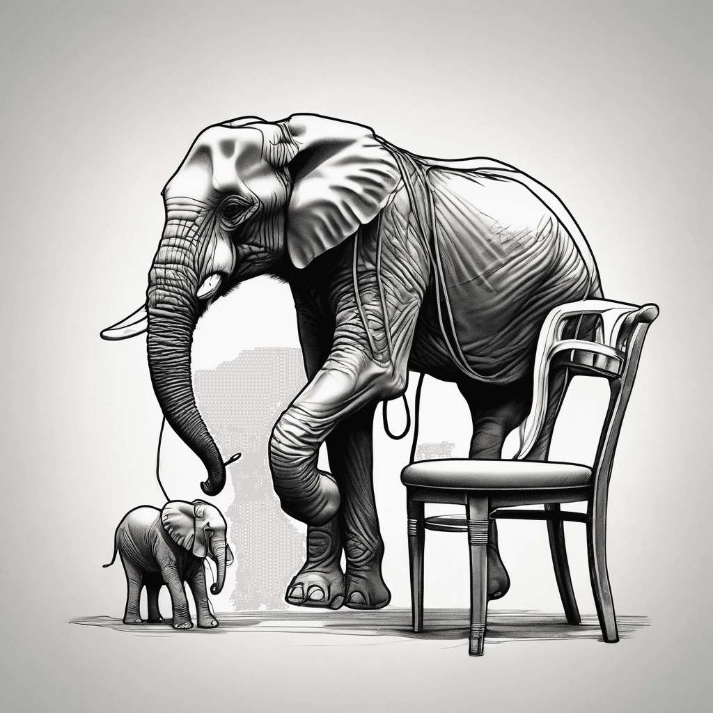 Minimalist tattoo design, side profile view of a muscular baby elephant and a plastic chair both facing left. The elephant is tied by a thin rope from its ankle to the front leg of the plastic chair. The elephant shows intense facial expression of struggle, sweat, and effort, with tensed shoulder muscles as it pulls away. The style is a mix of clean line art and slight cartoon aesthetic, bold outlines, professional black ink tattoo style, white background."