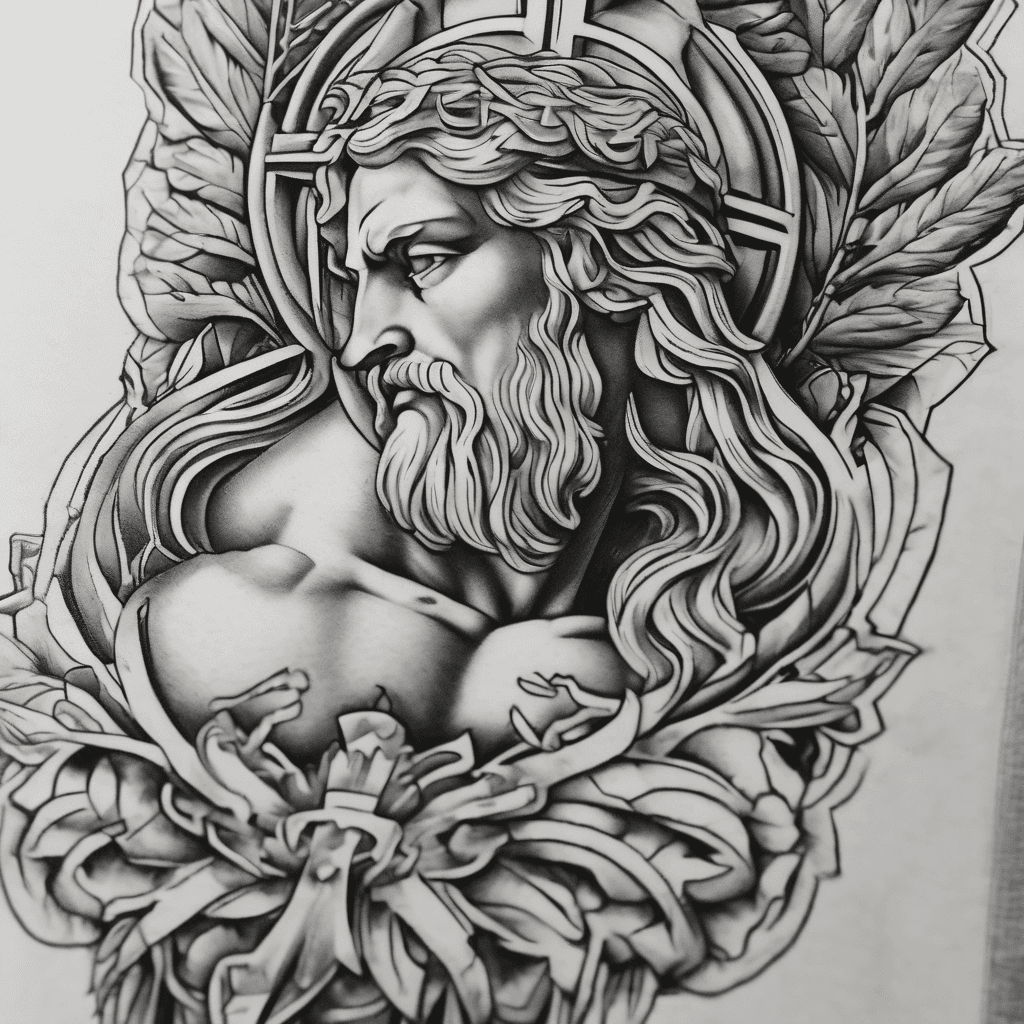 micro realism tattoo which incorporates Greek statues and centered around Christianity. I want a large thigh piece. Clear lines and minimalistic